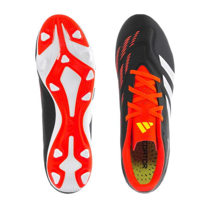 Men’s soccer cleats, black upper with white stripes, orange-red laces and red studs