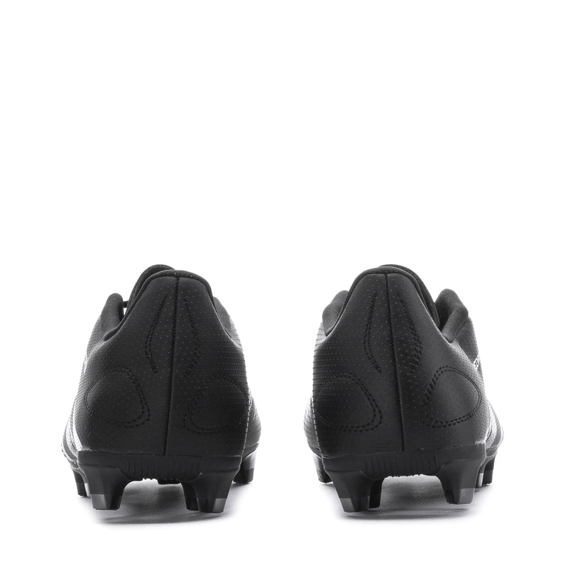 Men's black soccer cleats with heel view and molded rubber stud outsole