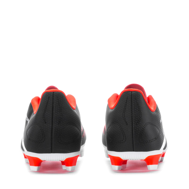Men’s soccer cleats heel view, black leather with orange-red collar and red outsole