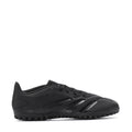 Men's black soccer cleats with lace-up front and molded side stripes