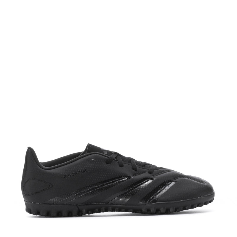 Men's black soccer cleats with lace-up front and molded side stripes