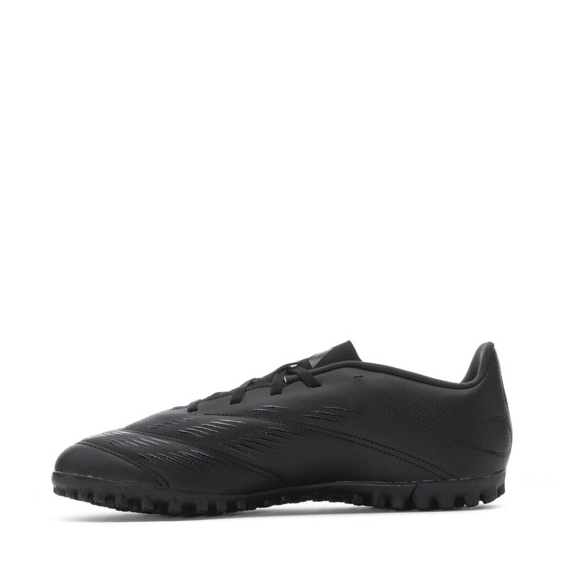 Men's black low-cut soccer cleats, lace-up design with textured synthetic upper