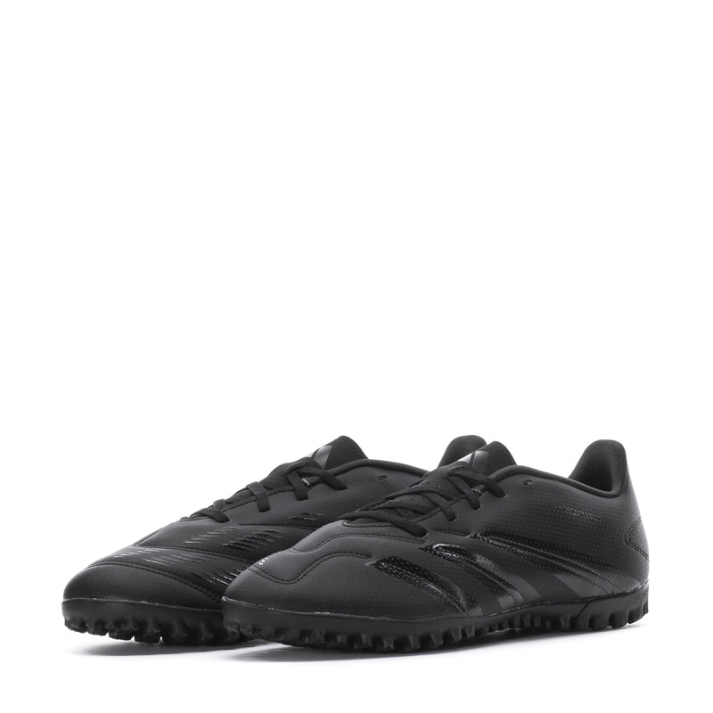 Men's black soccer cleats in profile with lace-up closure and studded rubber outsole
