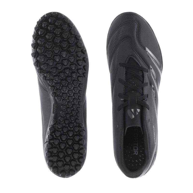 Pair of black cleat soles with hex-pattern tread and molded forefoot studs