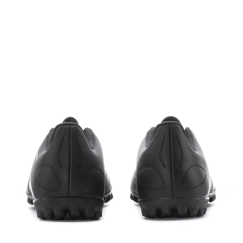Men's black soccer cleats heel view with molded rear shape and rubber tread