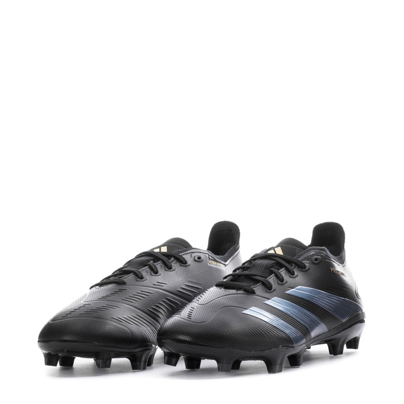 Black-and-gray men’s FG soccer cleats with blue stripe details and lace-up front