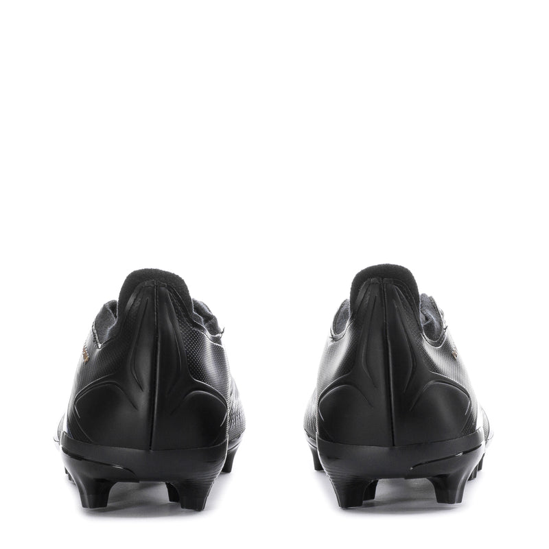 Black men’s FG soccer cleats rear view with molded heel and cleat studs