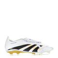 Men's white soccer cleat with black-and-gold striped design and white laces