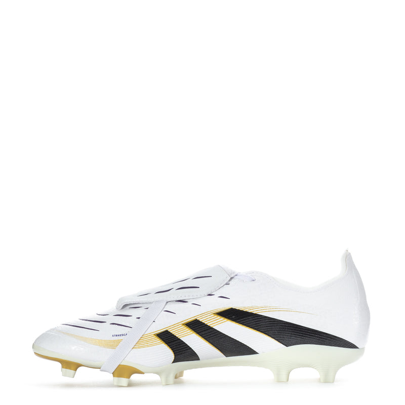 Men's white soccer cleat with bold black stripes and gold accents; molded studs