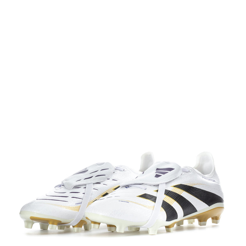 Men's white soccer cleat with black-and-gold side stripes and screw-in style studs