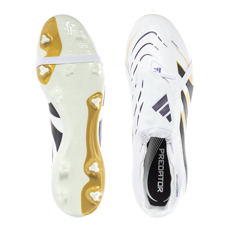 Pair of cleat outsoles in white with gold studs and black patterned sections