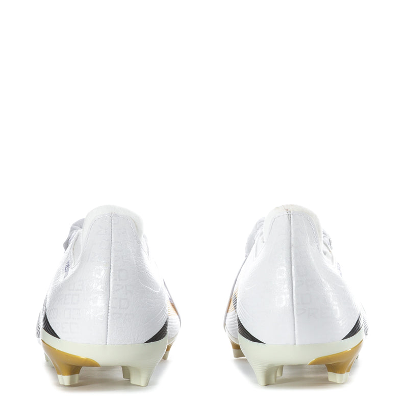 Back view of men's white soccer cleats with gold stud accents on the sole
