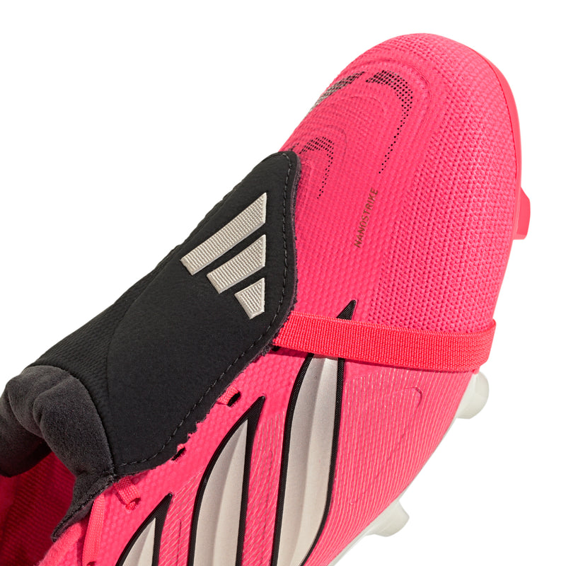 Close-up men's FG/MG cleat, pink sock lining with black heel panel and silver logo