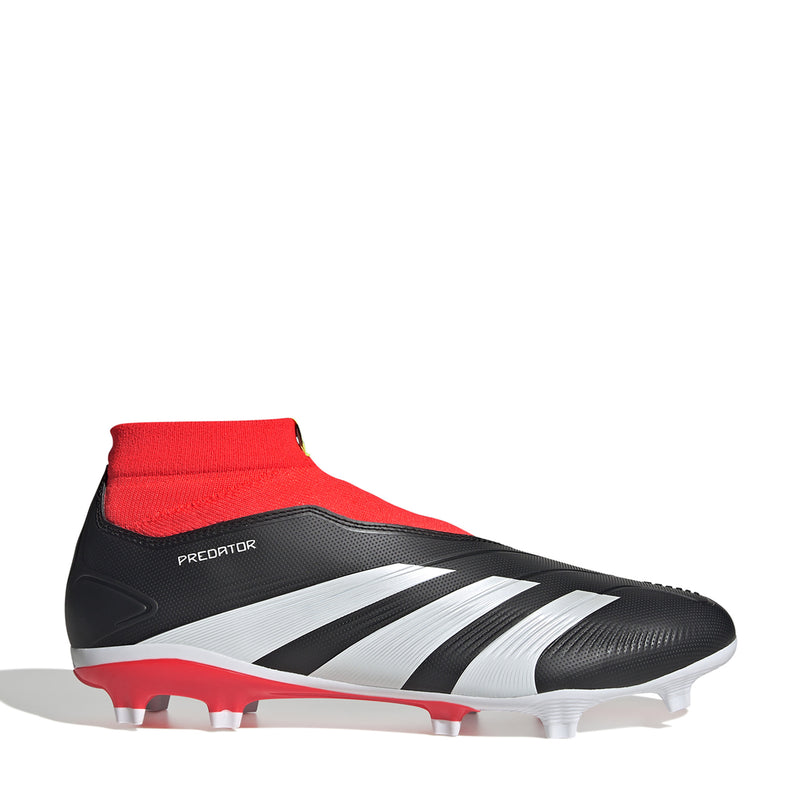 Men's firm-ground soccer boot in black, white, and solar red with elastic sock collar