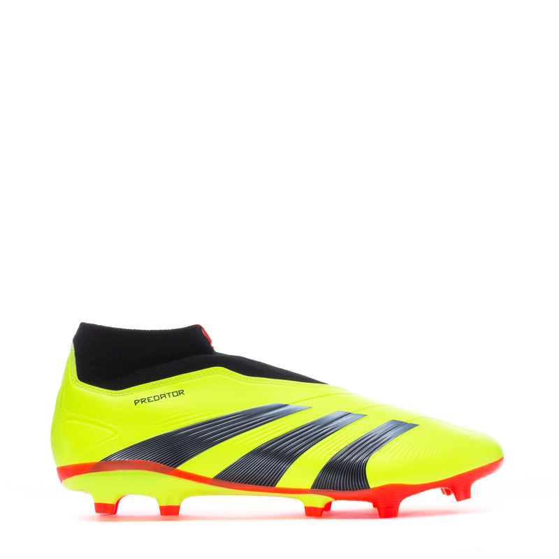 Men's neon yellow soccer cleats, black stripes, orange-red studs