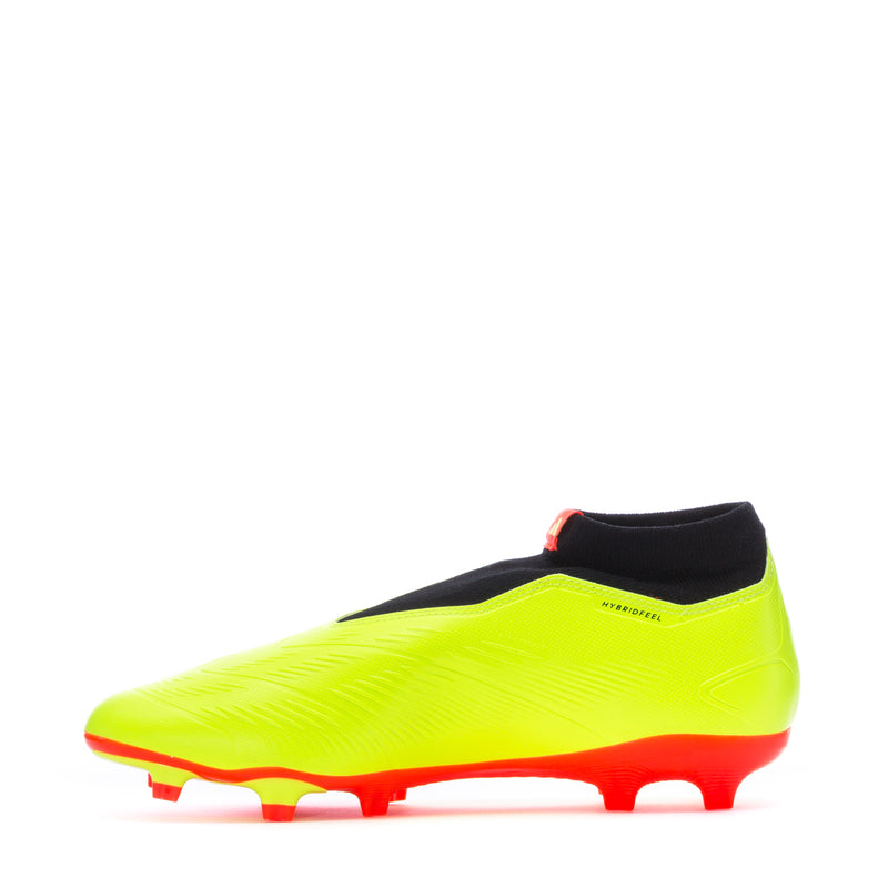 Neon yellow soccer cleat with black heel collar and orange-red outsole studs