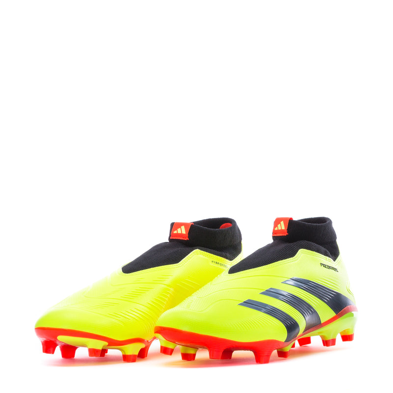 Pair of neon yellow soccer cleats with black heel collar and three stripe detailing