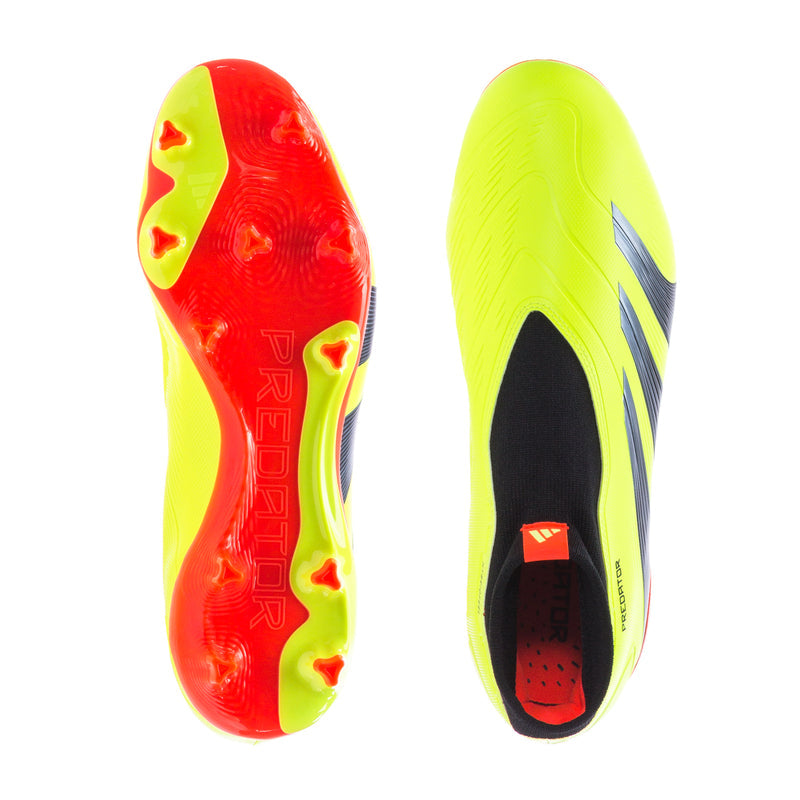 Neon yellow cleat outsole and insole with red tread and black accents
