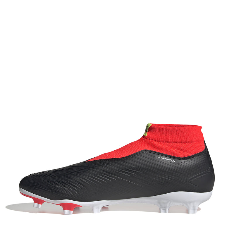 Firm-ground soccer boot with black upper, red sock collar, and white stud outsole