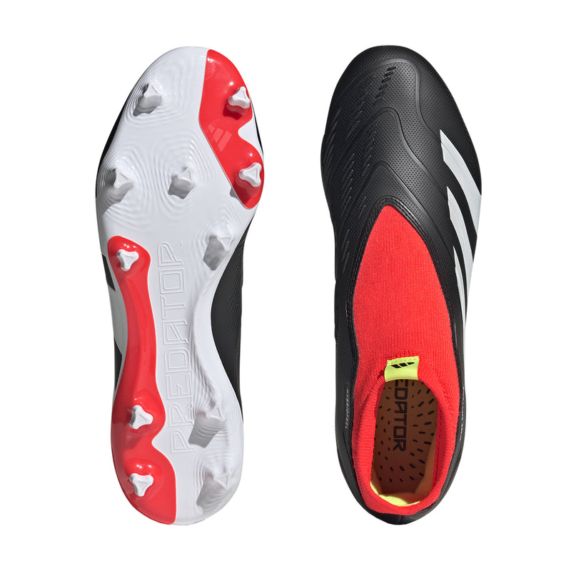 Firm-ground soccer boot outsole and upper views: white/red stud plate on black/red shoe