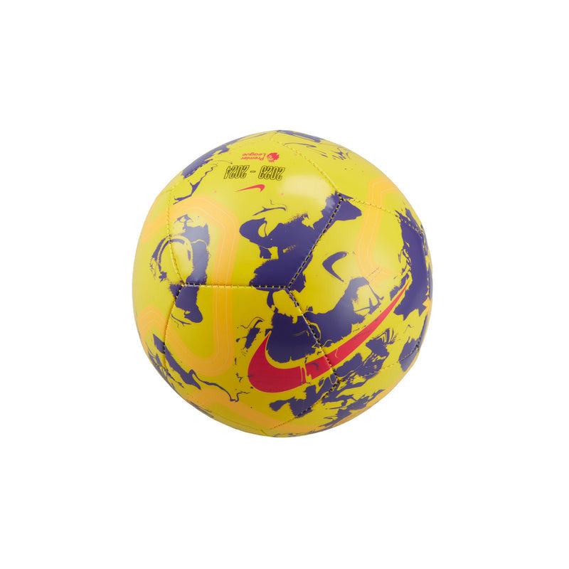 Premier League Skills mini ball, yellow with purple silhouettes and red swoosh logo.