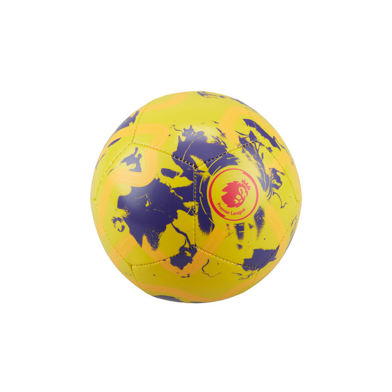 Premier League mini ball, yellow with purple graphics and red Premier League crest.