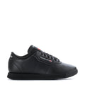 Black Reebok Princess Wide women's lace-up sneakers, side view with logo patch