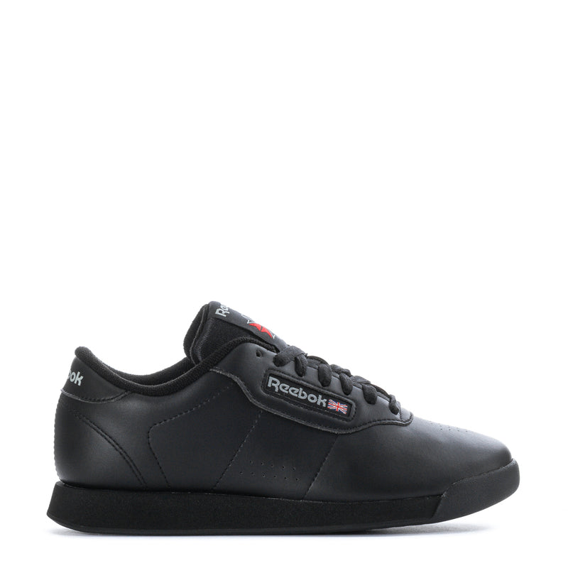Black Reebok Princess Wide women's lace-up sneakers, side view with logo patch