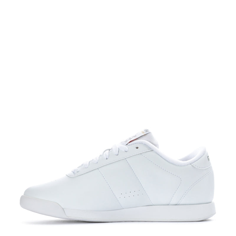 Women's white wide sneakers, angled side view with lace-up closure