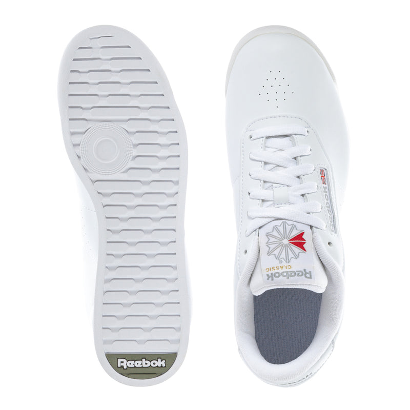 Women's white wide sneakers, outsole and heel view with Reebok logo