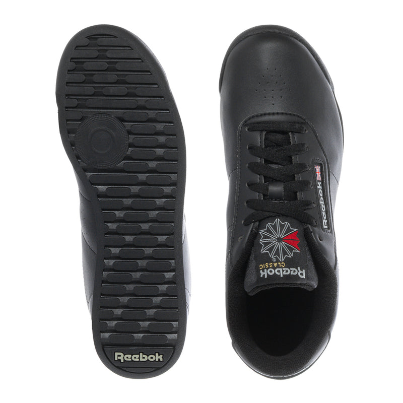 Black Reebok Princess Wide sneakers outsole tread and inner label view