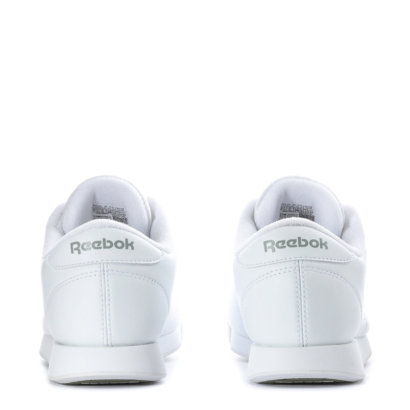 Women's white wide sneakers, heel back view with Reebok branding