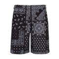 Men's black mesh shorts with paisley patchwork all-over print and elastic waist