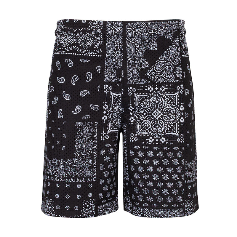 Men's black mesh shorts with paisley patchwork all-over print and elastic waist