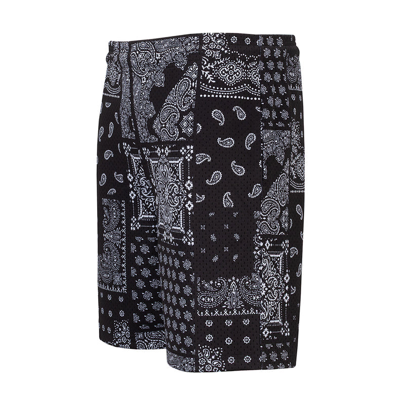 Men's black mesh shorts with paisley patchwork print, elastic waist, mid-thigh length