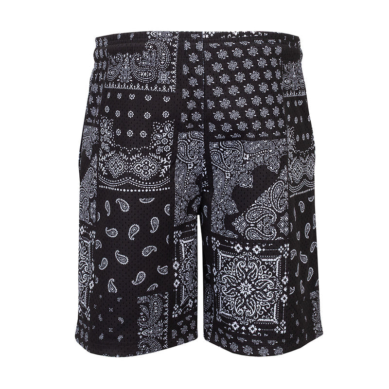 Men's black mesh shorts with mixed paisley patchwork panels, elastic waist, mid-thigh