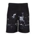 Men's black mesh basketball shorts with white skyline print and elastic waistband