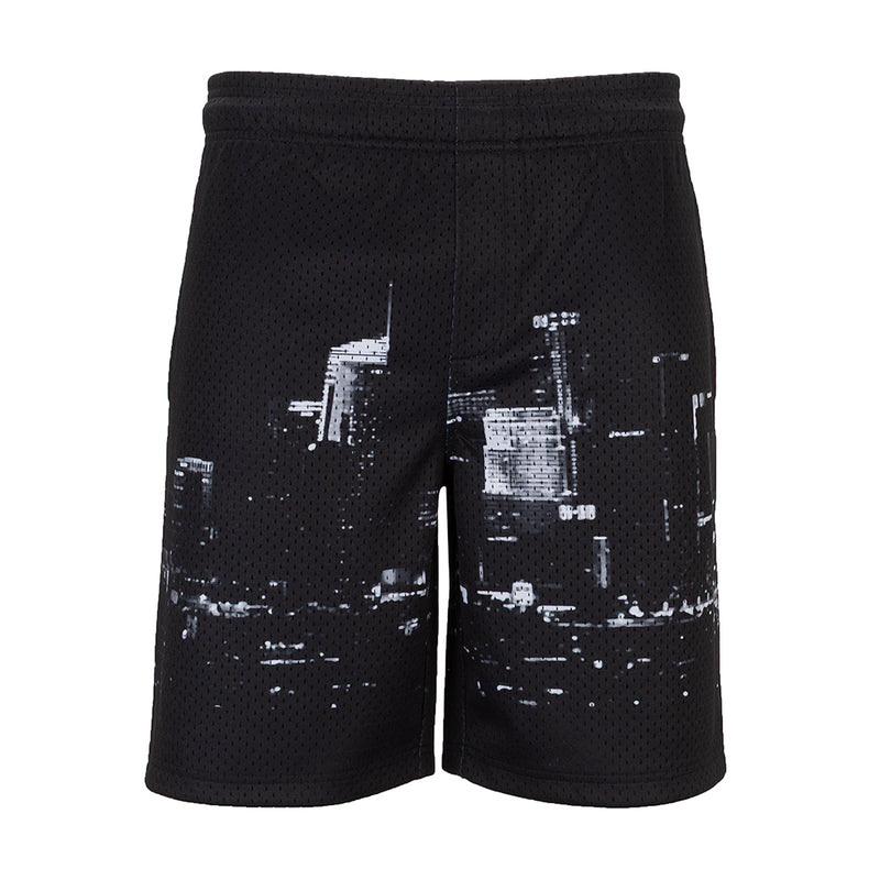 Men's black mesh basketball shorts with white skyline print and elastic waistband