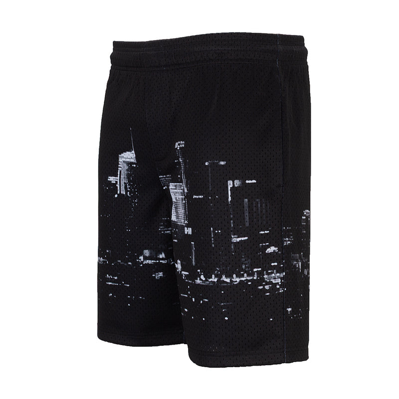 Men's black mesh shorts with white skyline print; front view with waistband
