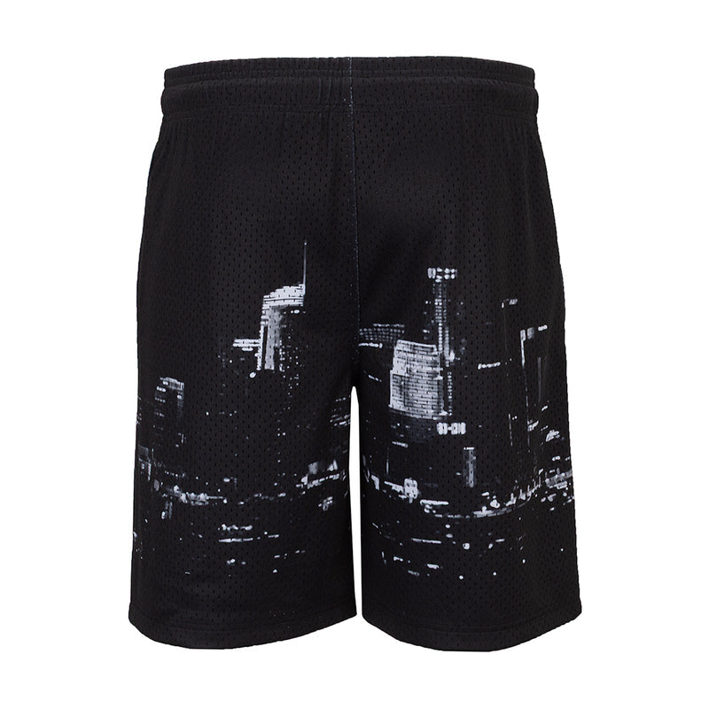 Men's black mesh shorts with white skyline print; straight-on front view