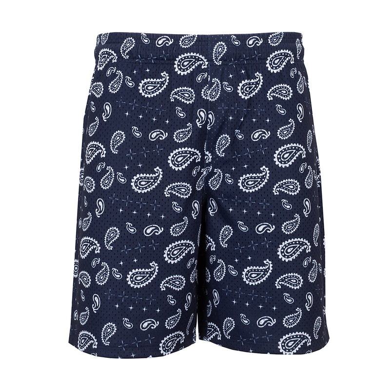 Men's navy and white printed paisley shorts with straight hem and elastic waistband
