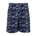 Men's navy and white printed paisley shorts with straight hem and elastic waistband
