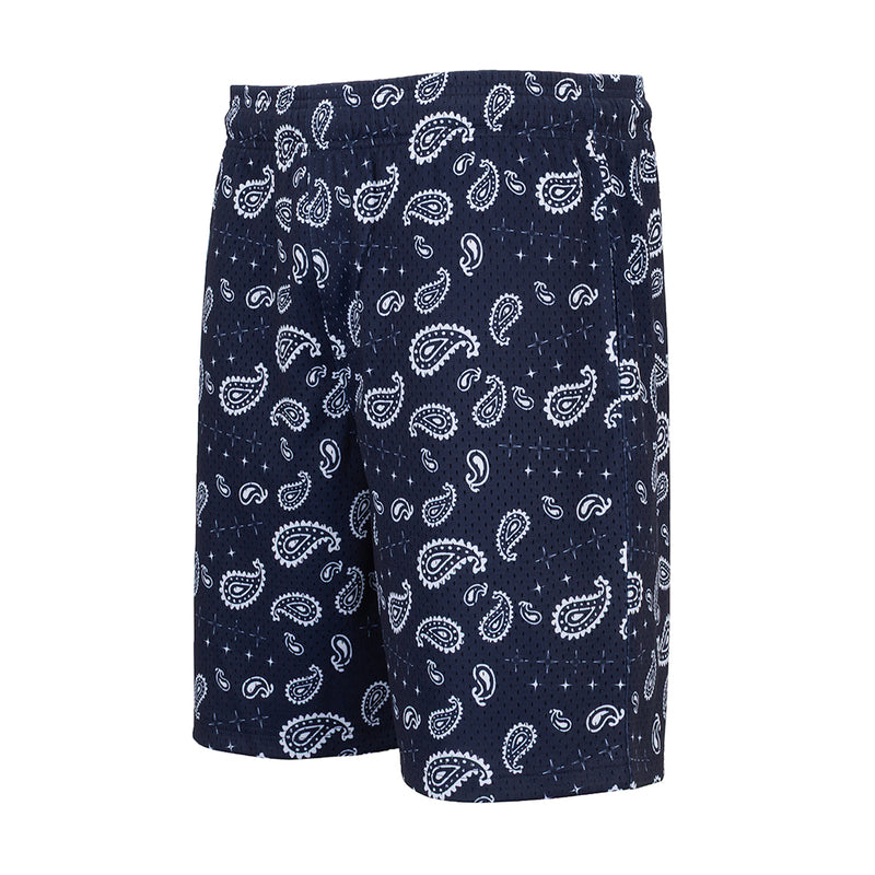 Men's navy and white printed paisley shorts, side view, elastic waistband