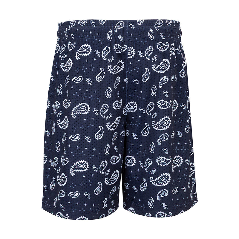 Men's navy and white printed paisley shorts, rear view, elastic waistband