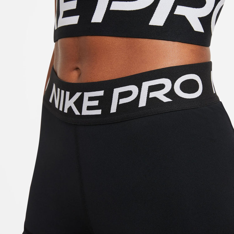 Black Nike Pro 3-inch womens compression shorts, wide waistband logo detail