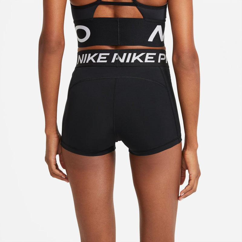 Black Nike Pro 3-inch womens compression shorts, back view with waistband logo