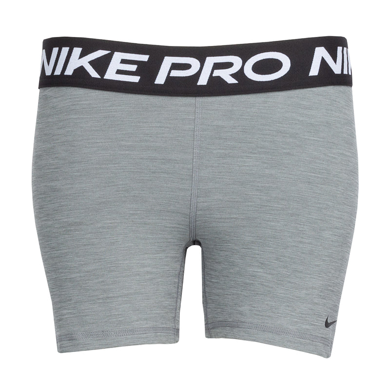 Smoke grey Nike Pro 5" bike shorts with black logo waistband and side swoosh