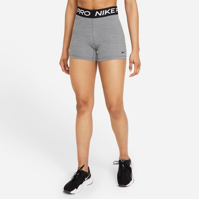 Smoke grey Nike Pro 5" bike shorts with black logo waistband and centered seam