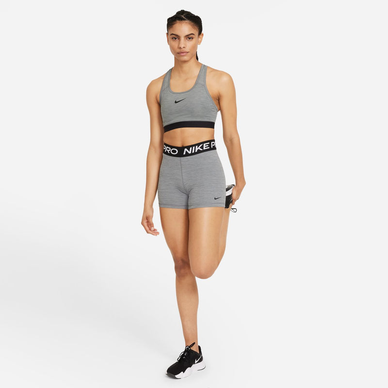 Smoke grey Nike Pro 5" bike shorts with black logo waistband and side swoosh detail