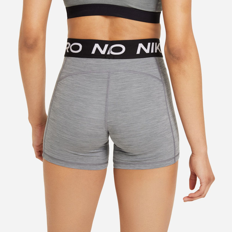 Smoke grey Nike Pro 5" bike shorts with black logo waistband and back seam lines